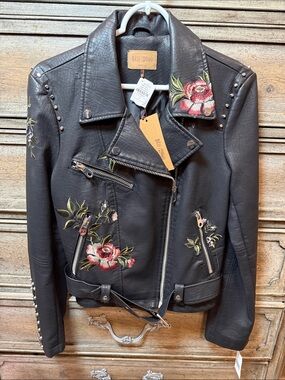 DRIFTWOOD Black Embroidered Floral Moto Jacket with Studs